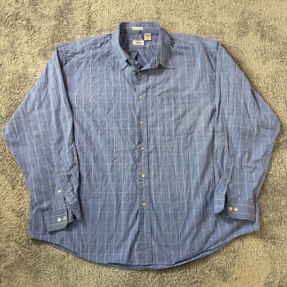 Izod Mens 80s 2 Ply Oxford Button Down XXL Blue Plaid Cotton Classic Fit